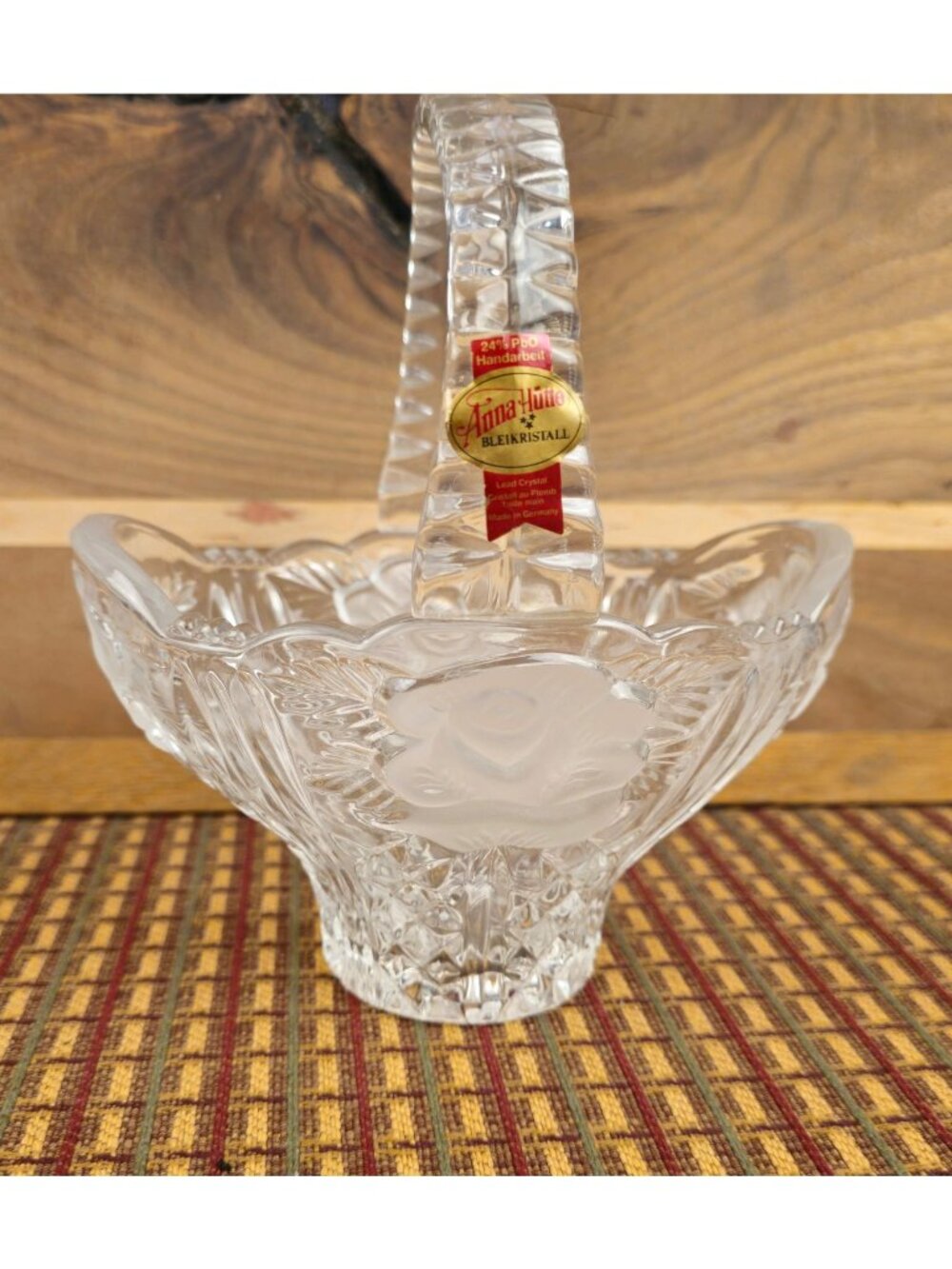 Anna Hutte Bleikristall 24% Lead Crystal Basket With Frosted Rose Design 6.5" Ta